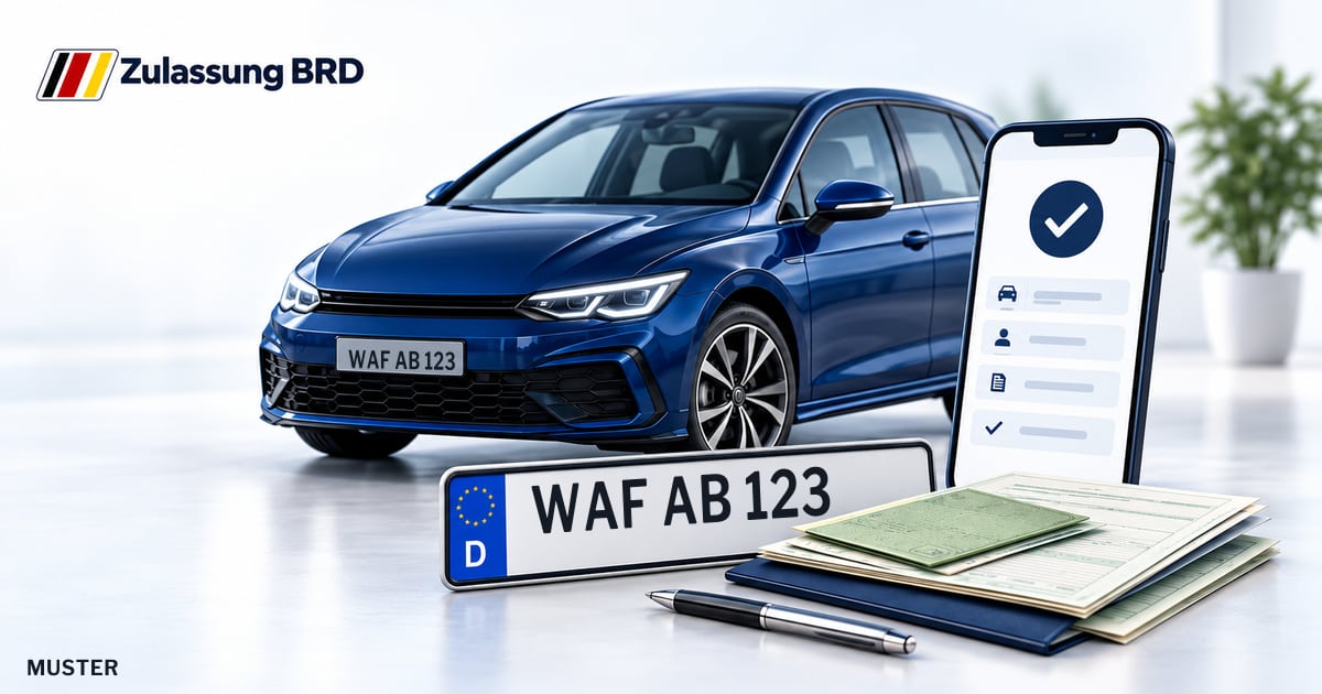 Online Fahrzeugzulassung in Ostbevern: Musterkennzeichen WAF AB 123, Auto und Fahrzeugpapiere und Smartphone. Illustration mit Logo von Zulassung BRD.